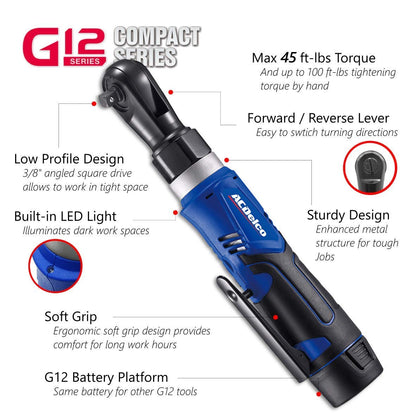 ACDelco ARW1209P G12 Series 12V Li-ion Cordless 3/8” 45 ft-lbs. Ratchet Wrench Tool Kit