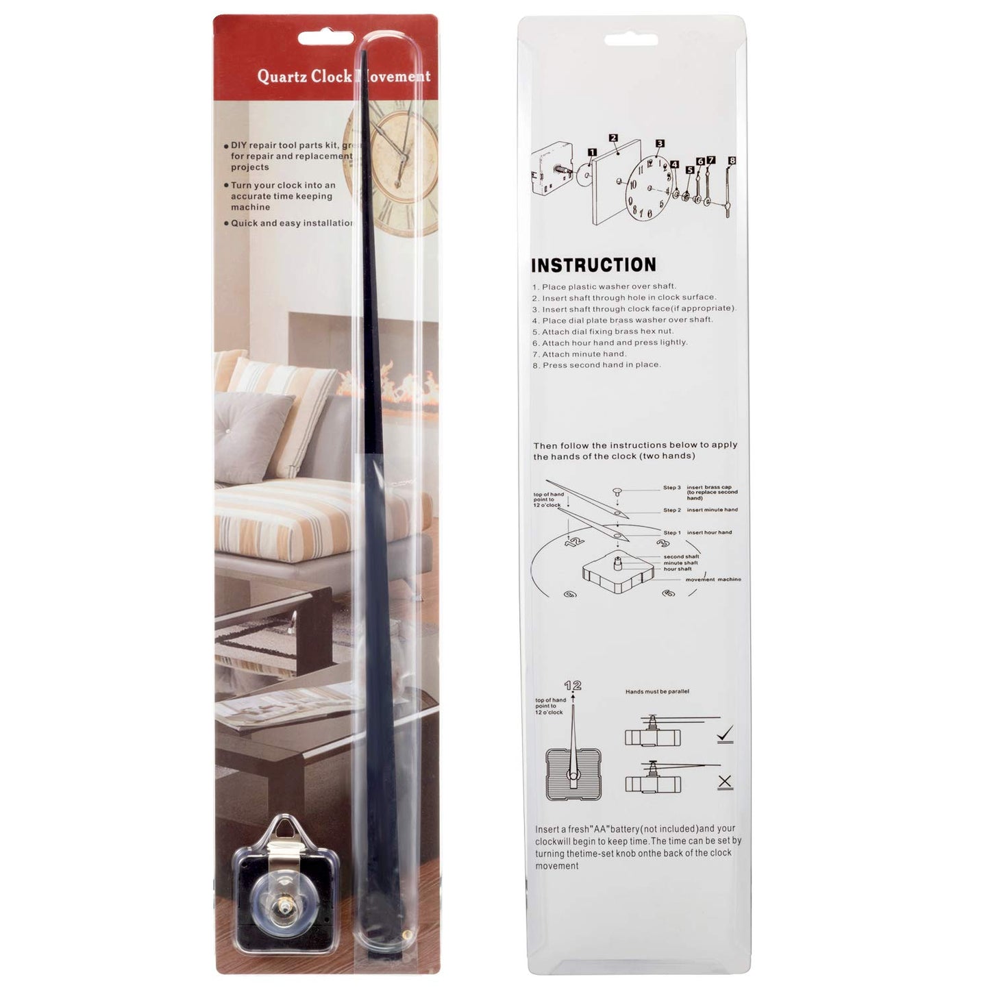 High Torque Clock Movement Mechanism with 17.8 Inch Long Clock Hands (Black)