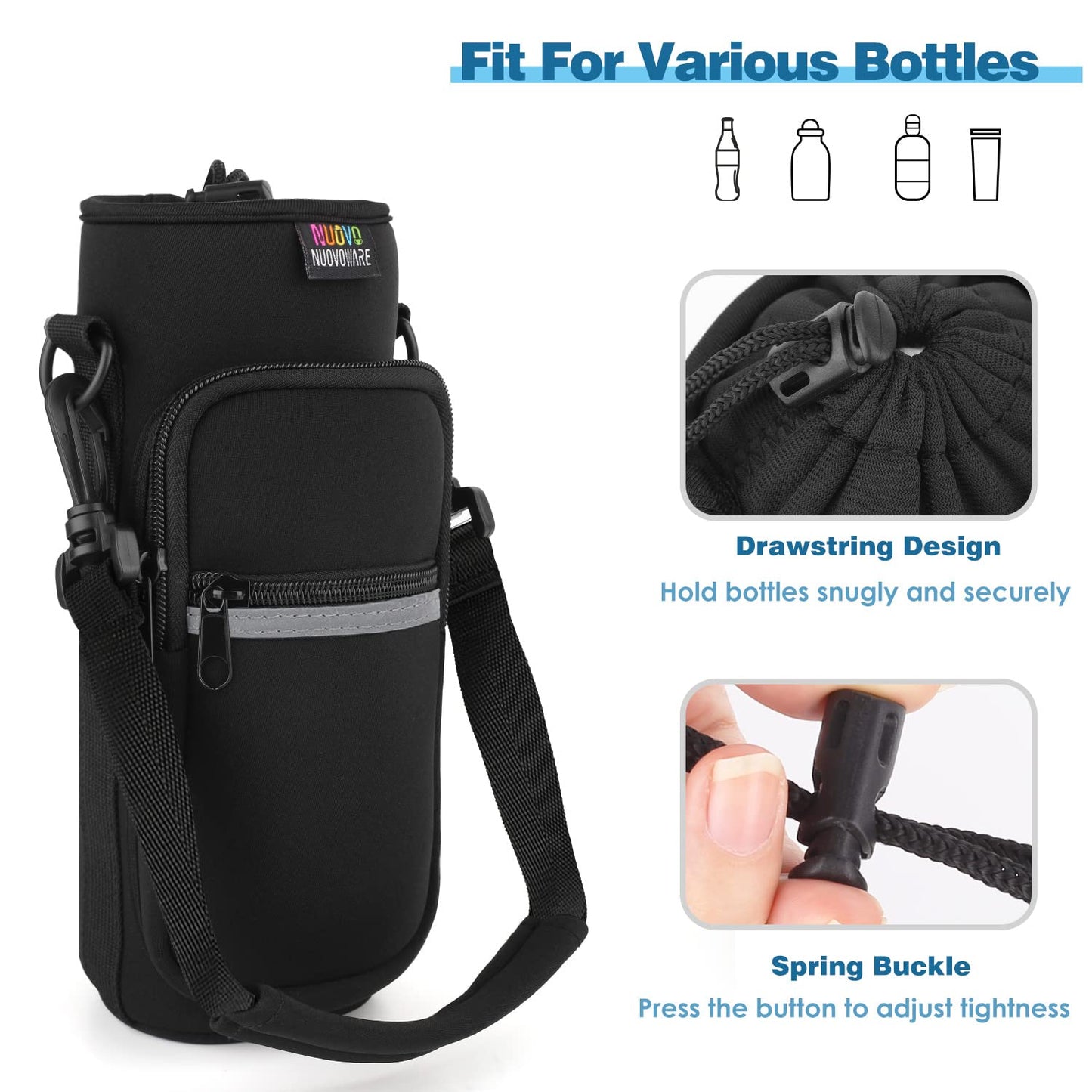 Nuovoware Water Bottle Carrier Bag, 25oz/32oz Bottle Pouch Holder, Adjustable Shoulder Hand Strap 2 Pocket Sling Neoprene Sleeve Sports Accessories for Hiking Travelling Camping, Black