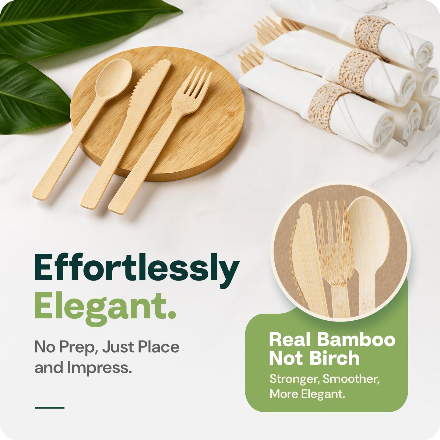 Palm Leaf Bamboo Plates & Pre-Rolled Bamboo Cutlery Party Set - 10 & 7'' Compostable Plates Elegant Pre-Rolled Utensils, Napkins , Cups for Weddings, Events, and Special Occasions For 30 Guests