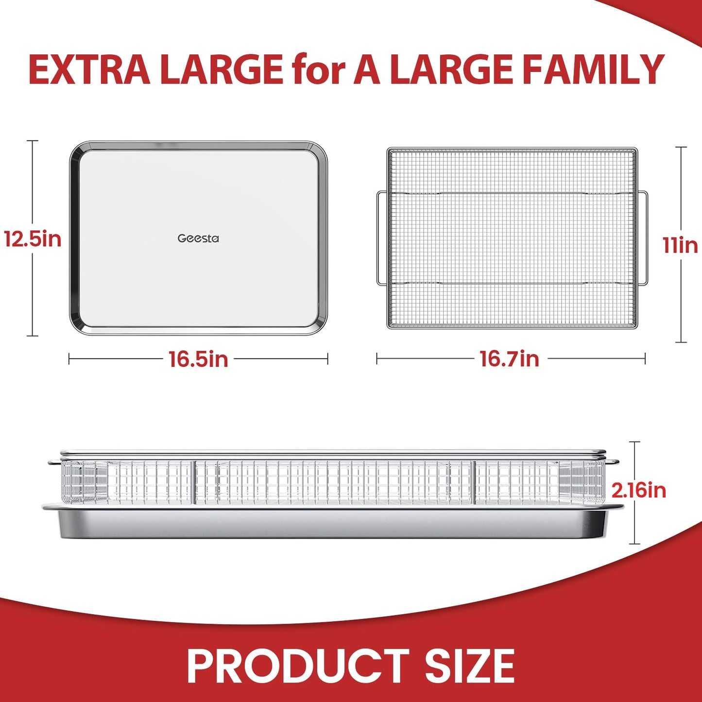 Air Fryer Basket for Oven with 50 Recipes, Extra Large 2 Piece Nonstick Crisper Tray & Basket, Stainless Steel Air Fryer Accessories for Crispy Foods Healthy Cooking, Dishwasher Safe, 16.5” x 12.5”