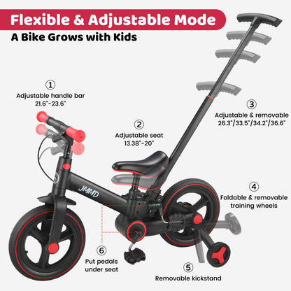 JMMD Toddler Bike with Push Handle for Kids 18-60 Months, 6 in 1 Foldable Push Bike with Training Wheels, Pedals, Brakes, Kickstand, Kid Balance Bike Gift & Toys for Boy & Girl, Black