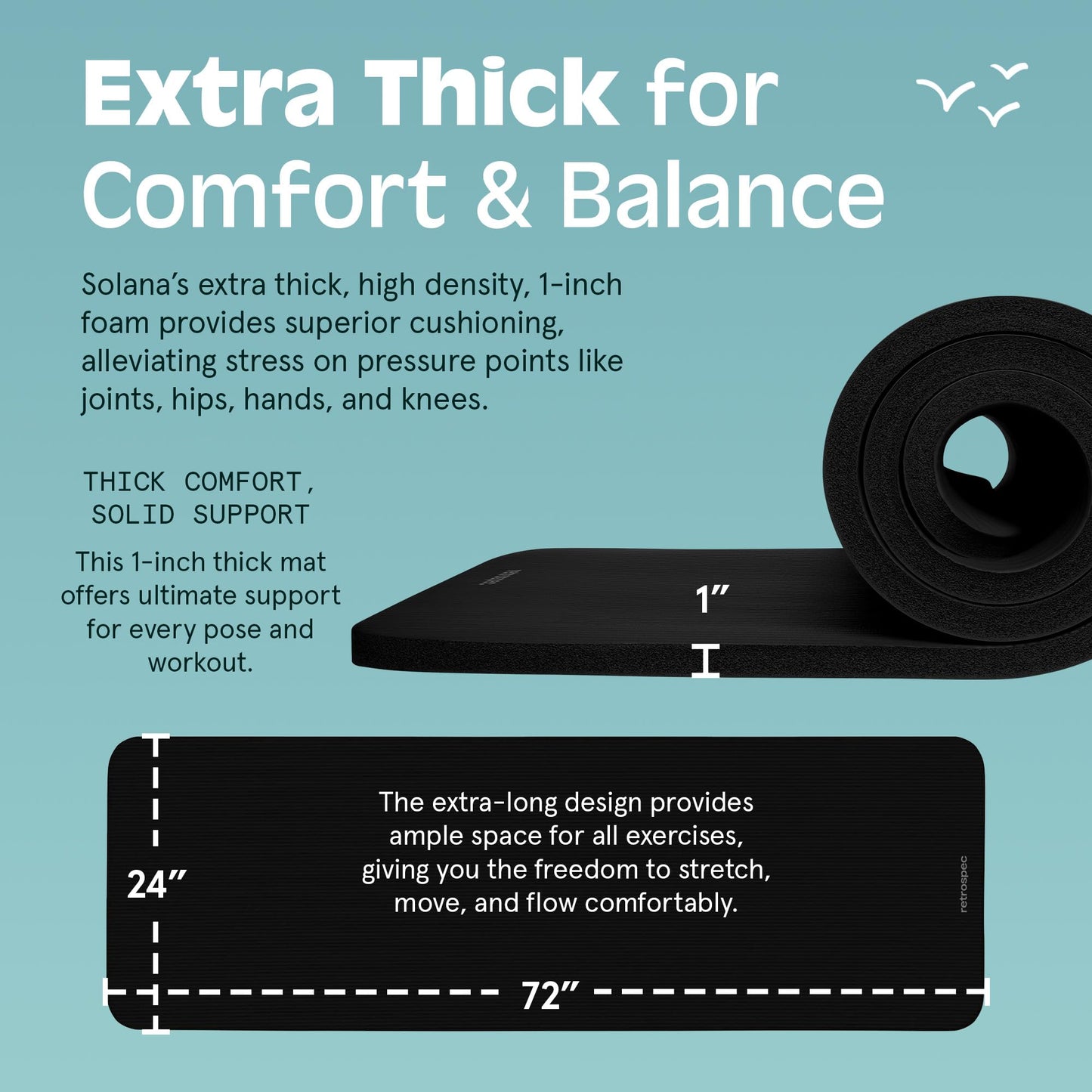 Retrospec Solana Yoga Mat 1" Thick w/Nylon Strap for Men & Women - Non Slip Exercise Mat for Home Yoga, Pilates, Stretching, Floor & Fitness Workouts - Black