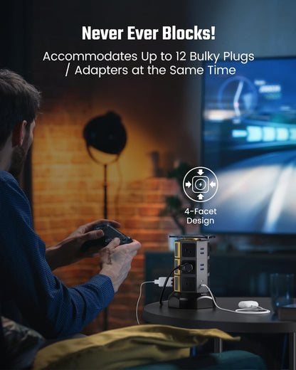 Power Strip Tower, SUPERDANNY Surge Protector Tower with 15W Wireless Charger, 1050J, 13A Charging Station with 12 AC Outlets & 6 USB Ports (2 USB C), 6.5ft Extension Cord for Home Office Dorm, Gold