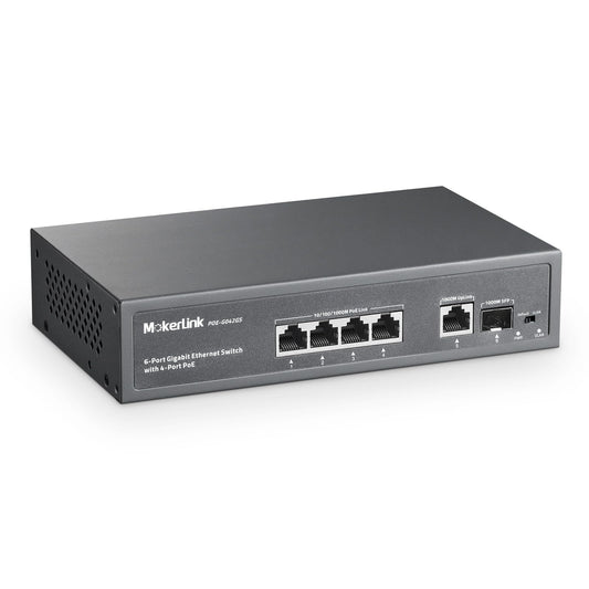 MokerLink 4 Port PoE Switch, 1 Gigabit Uplink, 1 SFP, IEEE802.3af/at 75W, PoE Watchdog AI Detection, QoS, Fanless Metal Plug & Play Ethernet Switch