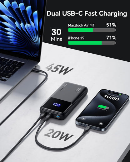 INIU Power Bank, 20000mAh 65W Compact USB C Laptop Portable Charger, PD QC Fast Charging 3-Output Battery Pack, Travel Charger for Laptop MacBook iPad Tablet Steam Deck iPhone 16 15 Samsung S22