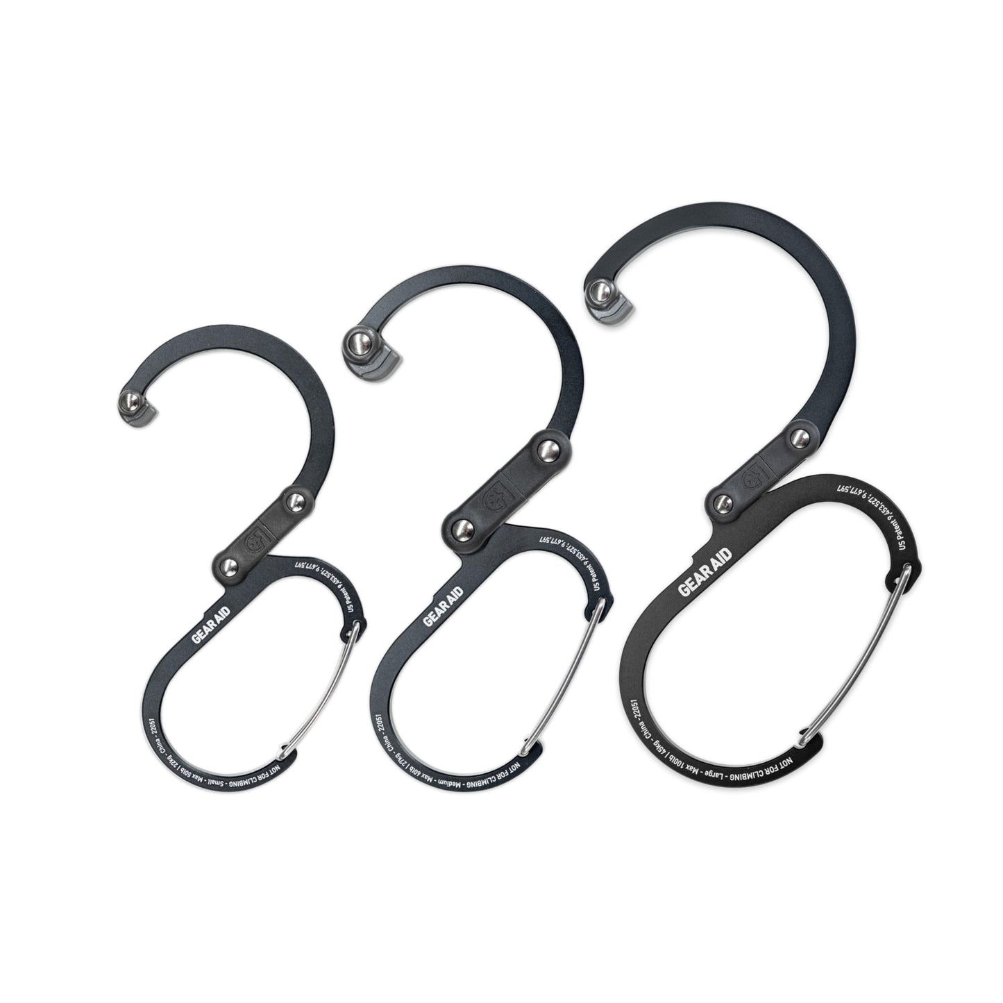 GEAR AID HEROCLIP Carabiner Gear Clip and Hook (Large, Medium, Small) for Camping, Backpack, Suitcases, Purse and Garage Organization, Stealth Black, Variety Size 3 Pack
