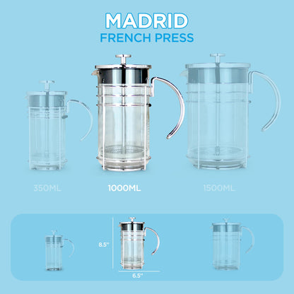 GROSCHE MADRID French Press - Premium Coffee and Tea Maker - 1.0L - 34oz - Borosilicate Glass Beaker - Dual Filter System For Rich Brew - Versatile Brewing | Stainless Steel Filter