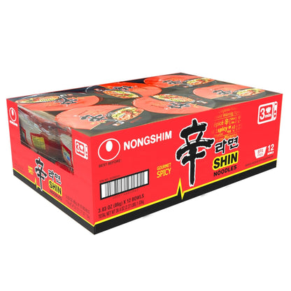 Nongshim Ramen Noodles, Gourmet Instant Ramen bowl, Premium Microwavable Noodle Soup, Spicy Shin, 3.03 Ounce (Pack of 12)