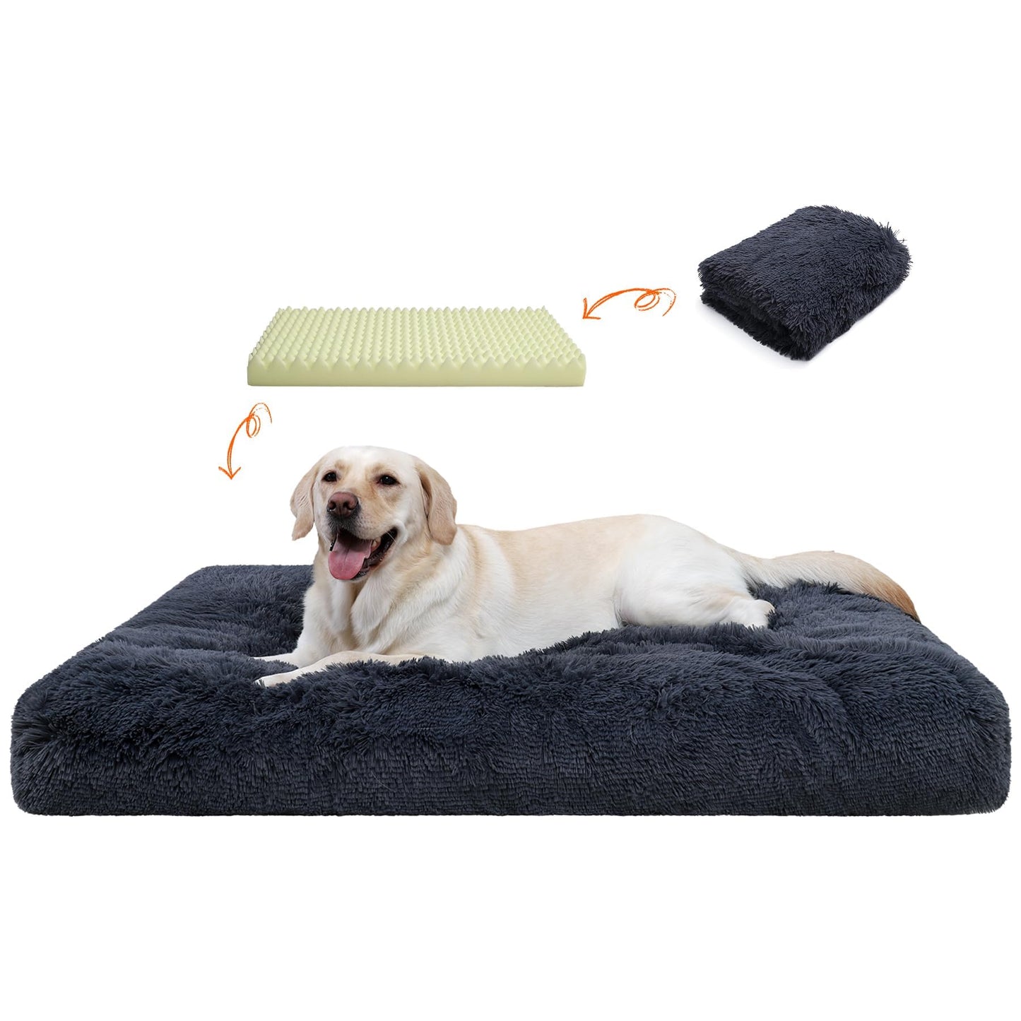 Orthopedic Dog Beds Medium/Large Sized Washable Removable Cover, Plush Dog Bed Waterproof Lining NonSkid Bottom, Crate Foam Pillow Mattress Fluffy Anti Anxiety Pet Pad 35x23 Inch, Dark Grey