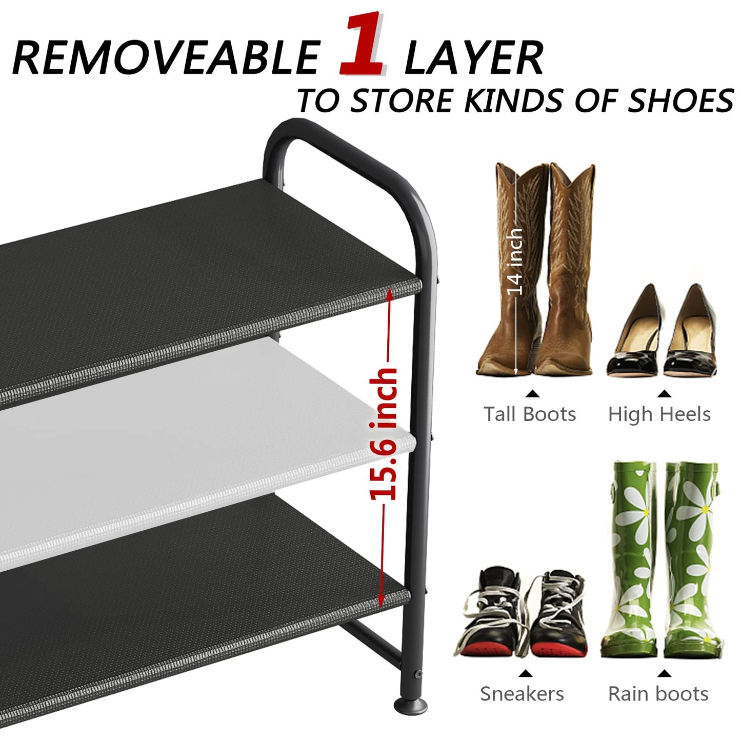 INGIORDAR Shoe Rack 3 Tier Long Storage Organizer Wide Metal Shoe Shelf for Closet Entryway Black