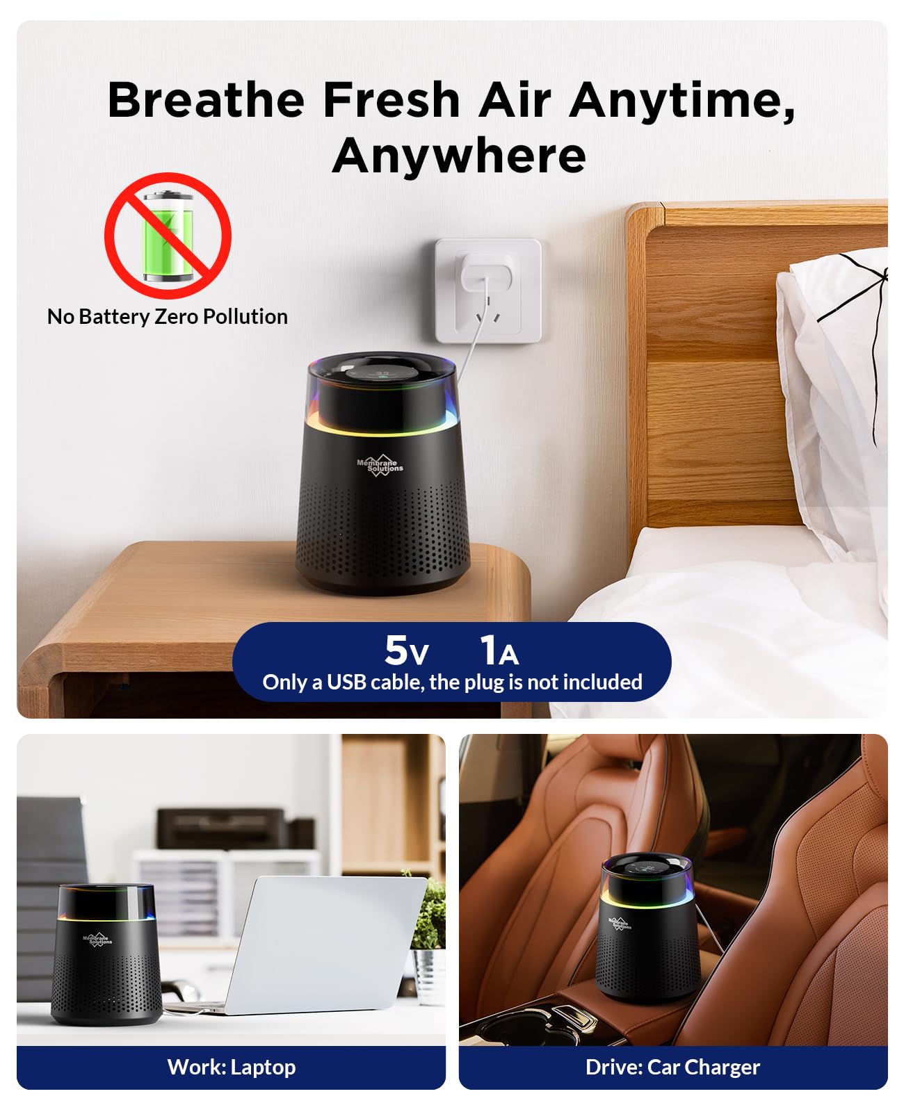 MSB5 Air Purifiers for Bedroom, H13 True HEPA Air Purifier for Home Room Office, 20dB Quiet Air Cleaner with Sleep Mode Colorful Night Light for Pets Dander Pollen Mold (Black)