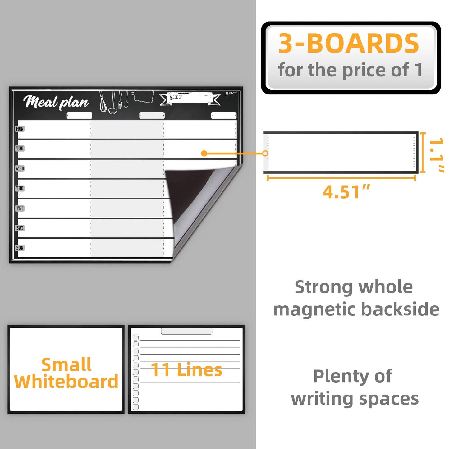 JJPRO Magnetic Dry Erase Meal Planning Whiteboard for Refrigerator-One 14.5x11 Weekly Menu Board and Two Notes Whiteboard for Kitchen Fridge-Refrigerator Organizer with Meal Planner Boards