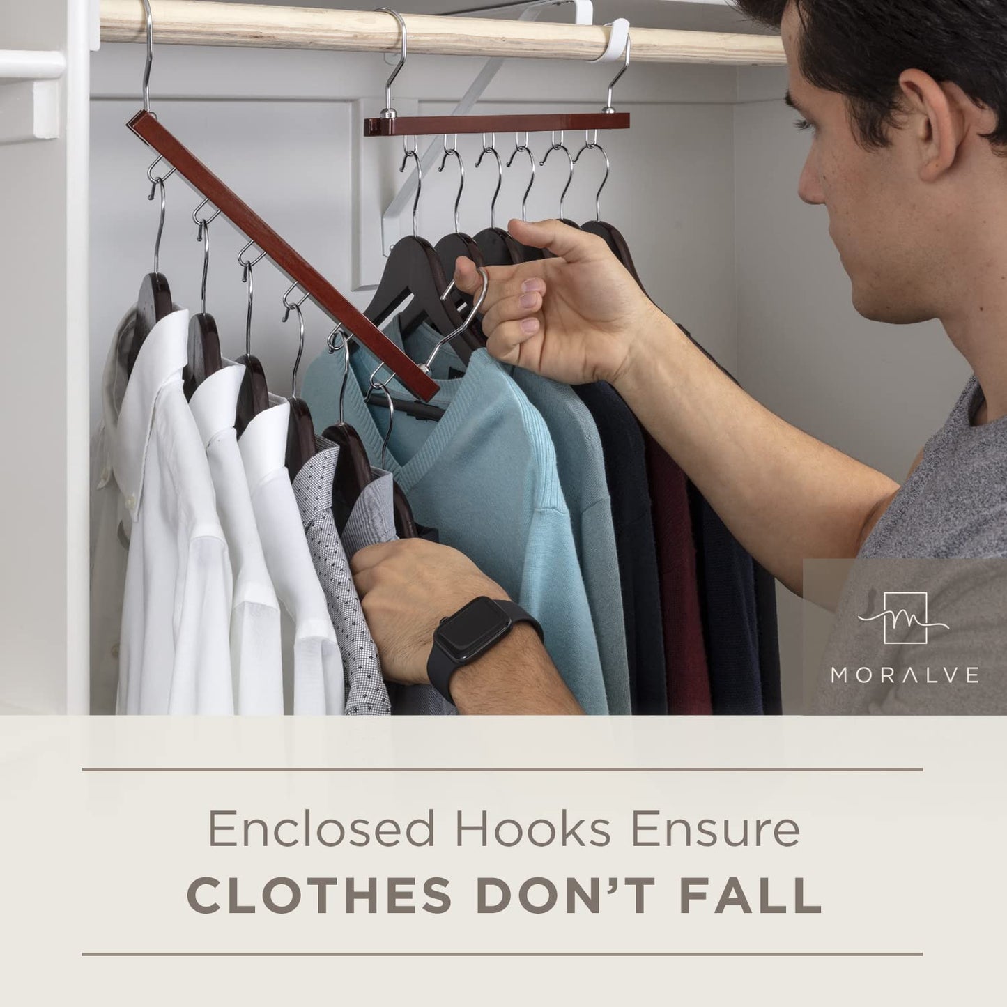 MORALVE Space Saving Hangers for Closet – 4 Pack European Beechwood 6-Tier Shirt Organizer with 360° Swivel Hook – Collapsible Clothes Hanger for Closet Organization (Hangers Not Included)