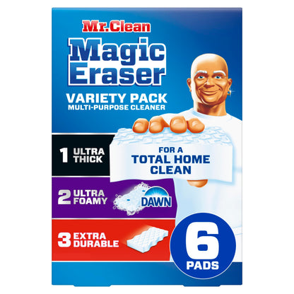 Mr. Clean Magic Eraser Sponge, All Purpose Cleaner, Cleaning Scrubber, Kitchen, Bathroom, Shower, Oven, Cleaning Supplies, Variety Pack with 1 Ultra Thick, 2 Ultra Foamy, & 3 Extra Durable, 6ct
