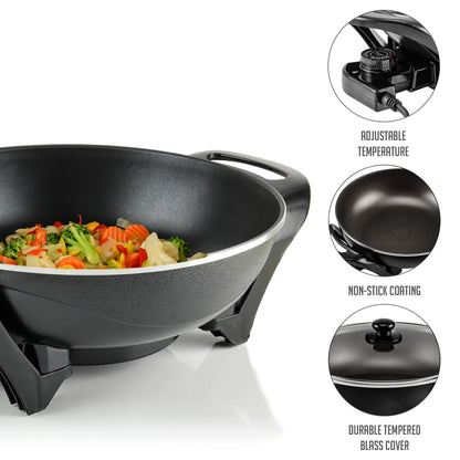OVENTE Electric Wok with Nonstick Coating, 13 Inch Family-Sized Skillet, 1400W Power, Adjustable Temperature, Tempered Glass Lid, Cool Touch Handles and Easy to Clean Frying Surface, Black SK3113B
