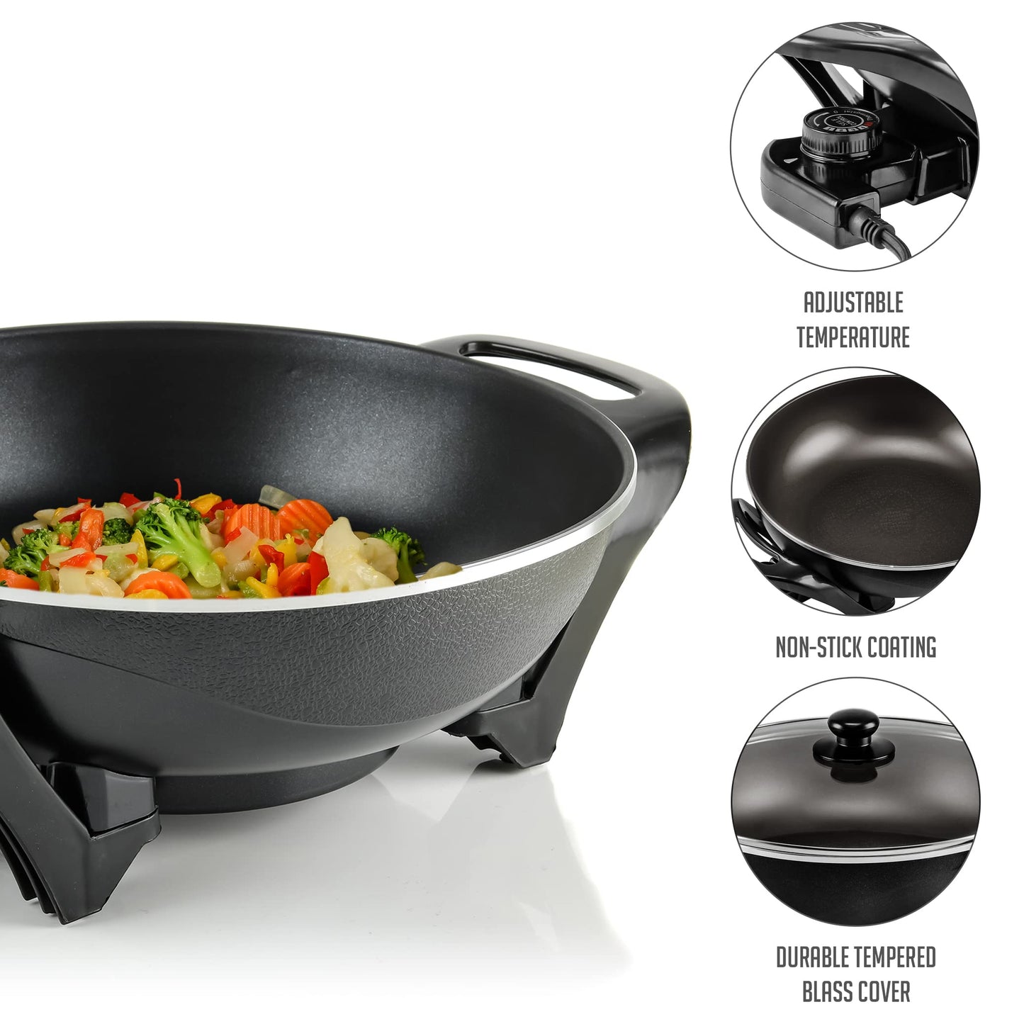OVENTE Electric Wok with Nonstick Coating, 13 Inch Family-Sized Skillet, 1400W Power, Adjustable Temperature, Tempered Glass Lid, Cool Touch Handles and Easy to Clean Frying Surface, Black SK3113B