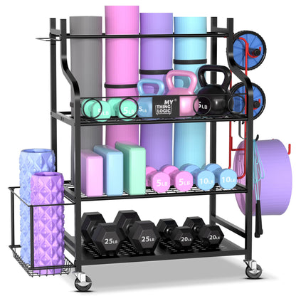 Mythinglogic Yoga Mat Storage Racks for Home, Gym Rack for Dumbbells Kettlebells Foam Roller, Yoga Strap and Resistance Bands, Workout Equipment Organizer With Hooks and Wheels