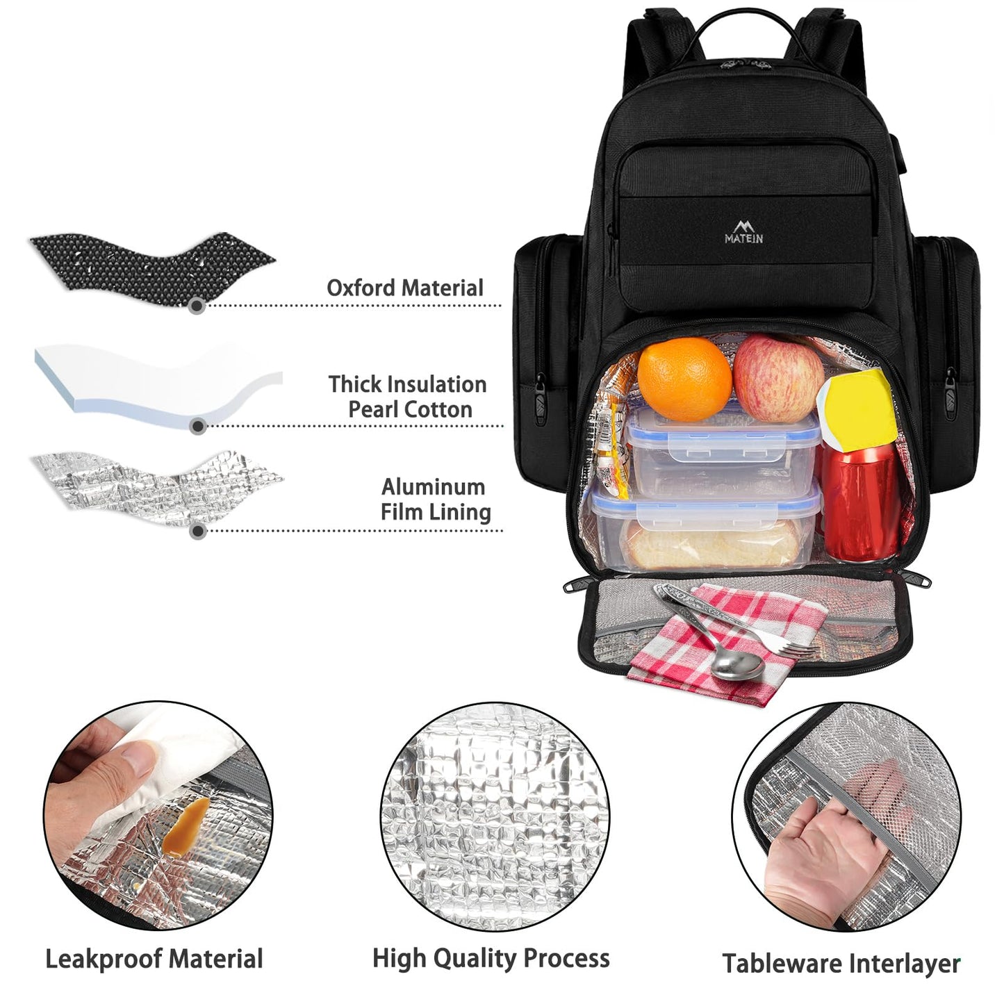 MATEIN Lunch Backpack for Men Work, 15.6 Inch Tactical Backpack with Lunch Compartment, Large Laptop Backpacks with Insulated Cooler Bag for Travel Beach Camping Picnic Hiking, Black