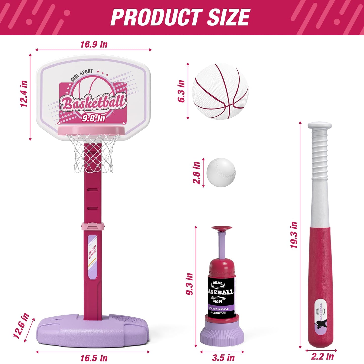 HYES 2 in 1 Kids Basketball Hoop and T Ball Set - Adjustable Height, Kids Baseball Tee with Automatic Pitching Machine, Indoor Outdoor Sport Toys Gifts for Toddler Boys Girls Age 1-5, Pink