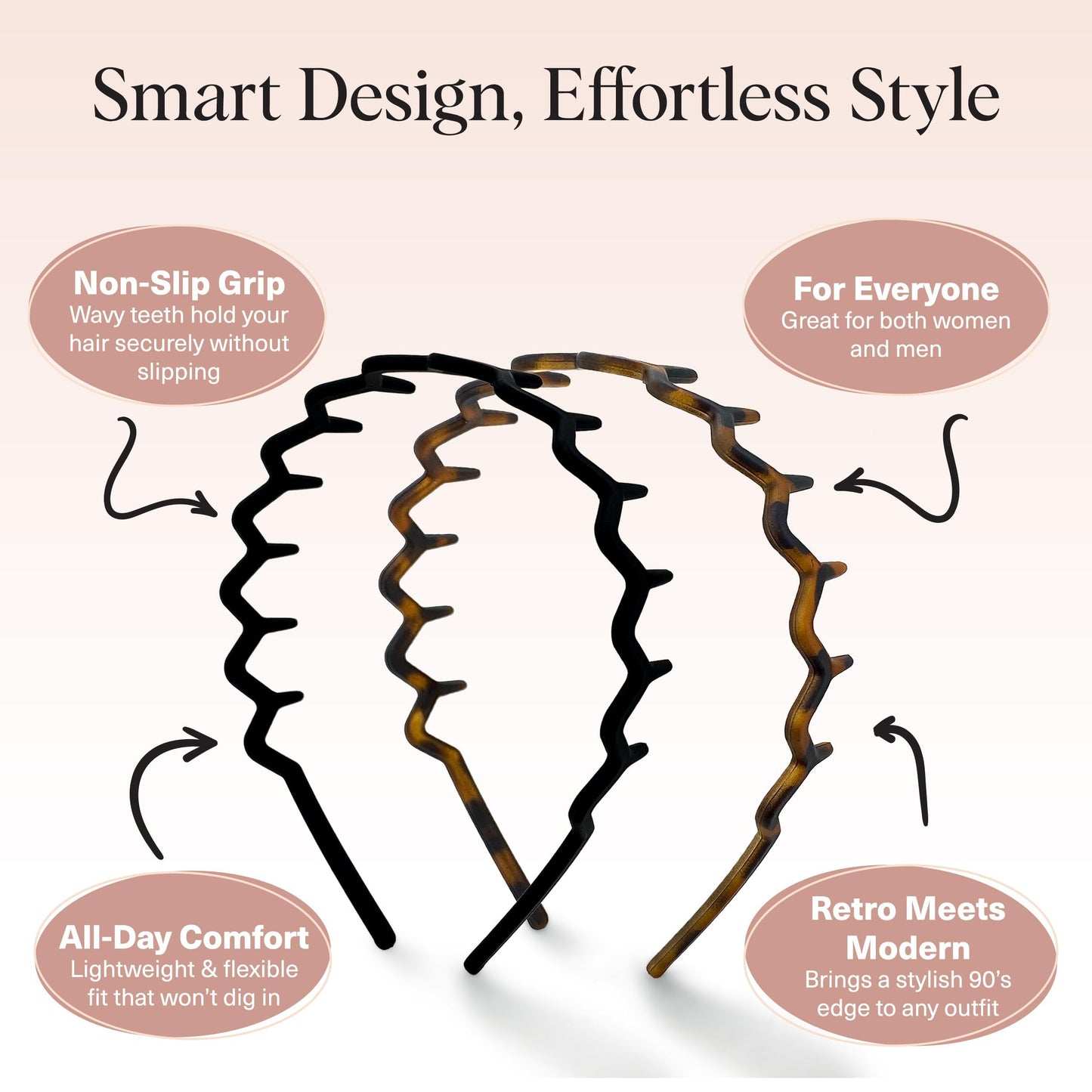 Kitsch Zig Zag Headbands for Women Non Slip – Fashion Accessories for Slicked Back Styles - Comfortable Comb Headband with Teeth - Recycled Plastic Tortoise & Black Headband - 2 pcs