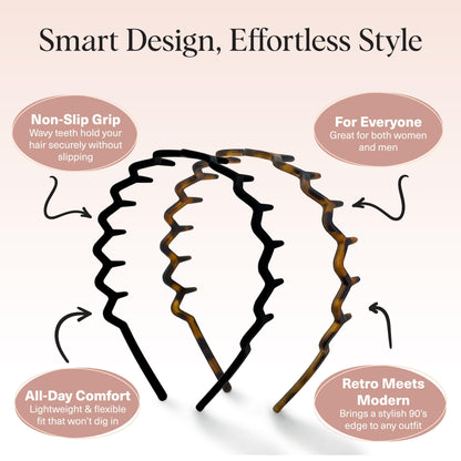 Kitsch Zig Zag Headbands for Women Non Slip – Fashion Accessories for Slicked Back Styles - Comfortable Comb Headband with Teeth - Recycled Plastic Tortoise & Black Headband - 2 pcs