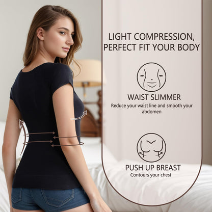 +MD Women's Seamless T-Shirt Scoop Neck Short Sleeve Comfort Light Control Shapewear Undershirt Pyjamas