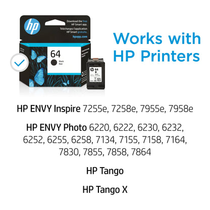 HP 64 Black Ink Cartridge for HP Printers | Works with Printer Series: ENVY Inspire 7950e; ENVY Photo 6200, 7100, 7800; Tango | Eligible for Instant Ink | N9J90AN
