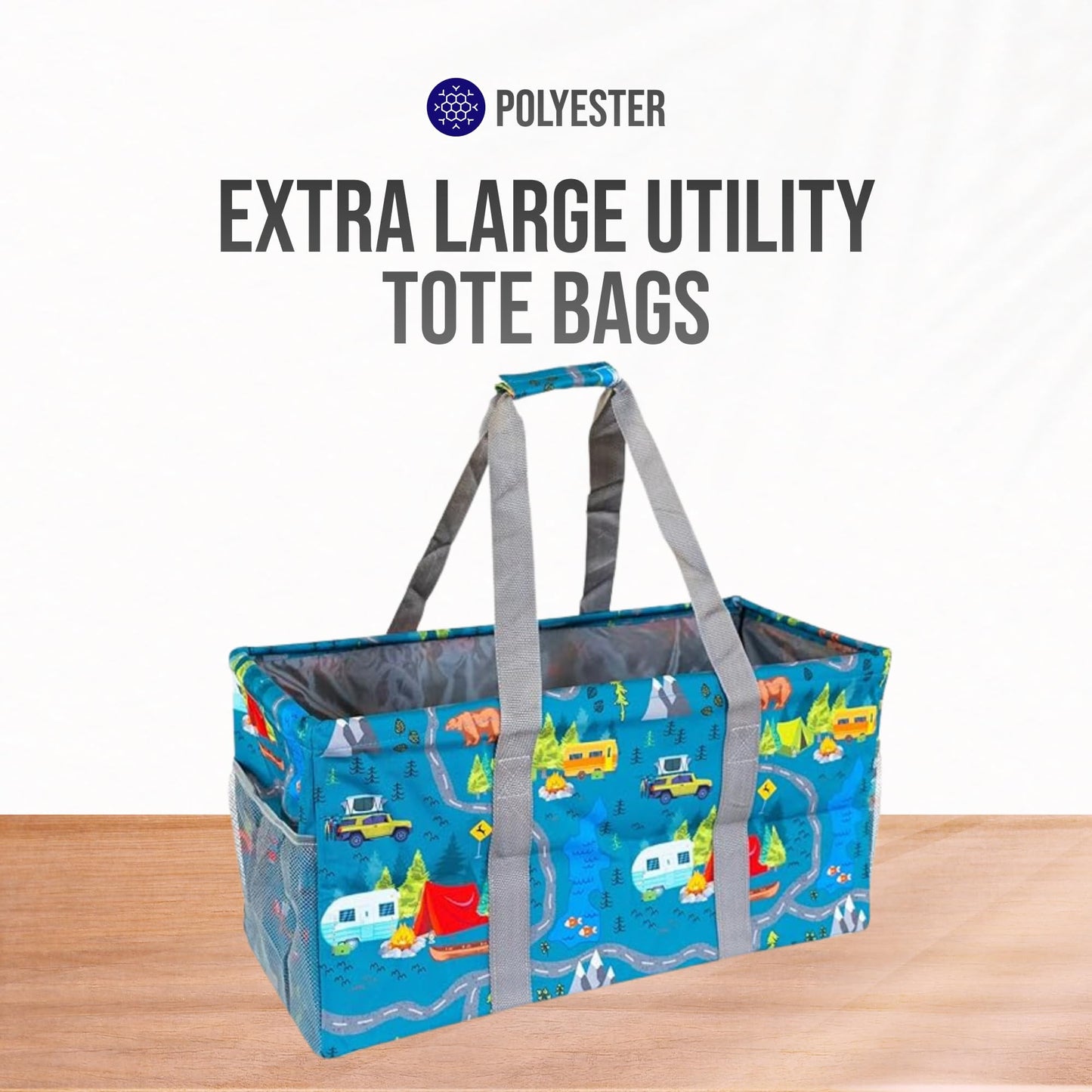 Lucazzi Extra Large Utility Tote Bag - Oversized Collapsible Reusable Wire Frame Rectangular Canvas Basket With Two Exterior Pockets For Beach, Pool, Laundry, Car Trunk, Storage - Camping