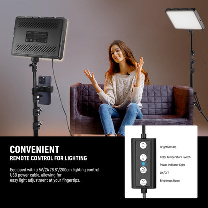 NEEWER Basics 2Pcs LED Video Light Panel with 59'' Tripod Stands/Phone Holders, 2700-6500K 850Lux Dimmable Plastic Studio Lighting for Photography Filming Recording Live Streaming, No Adapter, BP300