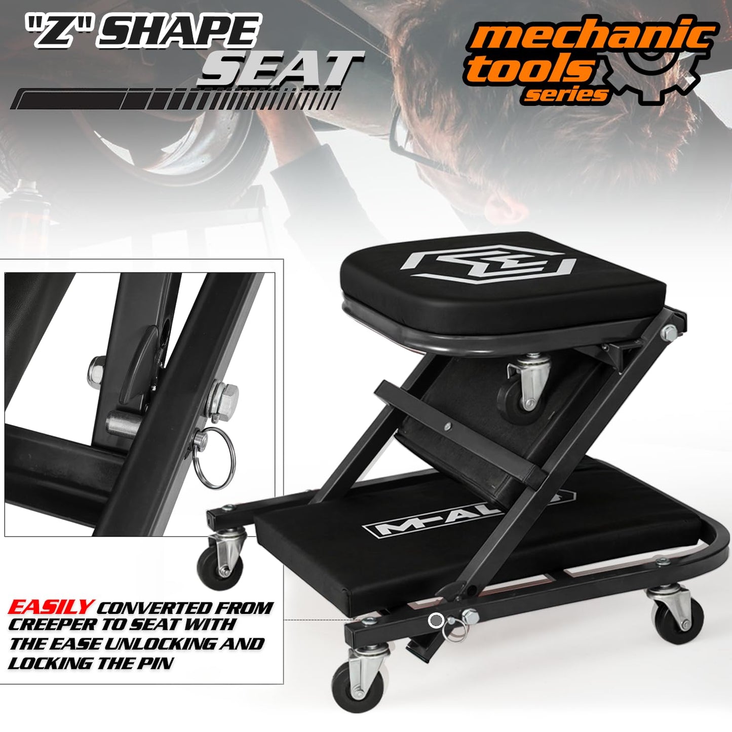 M-AUTO Foldable Z Creeper 2-in-1 Rolling Folding Car Creeper & Seat, 36" Adjustable Roller Garage Chair Lay Down or Sit, 330LBS Capacity Under Car Roller Creeper with 6 Swivel Casters, Black