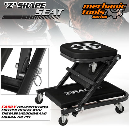 M-AUTO Foldable Z Creeper 2-in-1 Rolling Folding Car Creeper & Seat, 36" Adjustable Roller Garage Chair Lay Down or Sit, 330LBS Capacity Under Car Roller Creeper with 6 Swivel Casters, Black