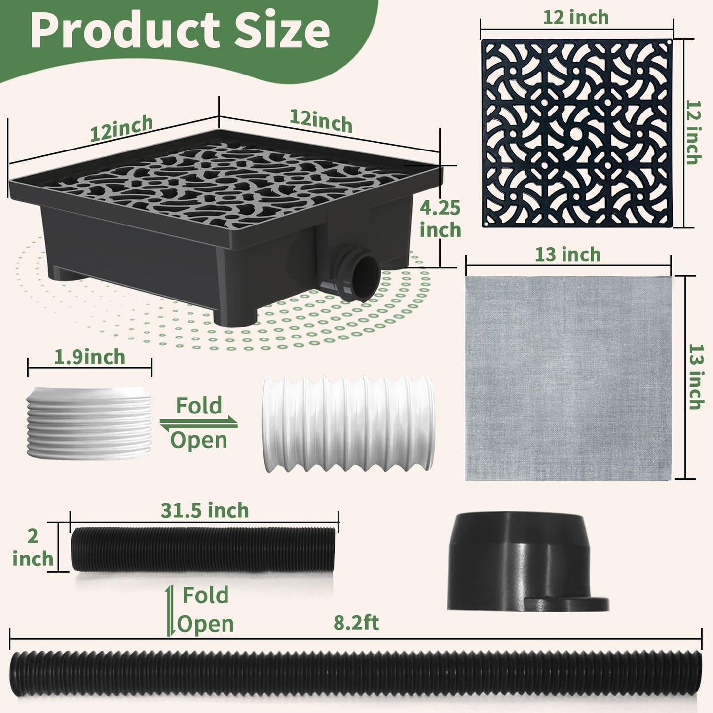 Gutter Downspout Extensions Big Kit, Catch Basin + 2pcs Pipes, Low Profile Downspout Extender - Each Flexible Pipe is 8.2ft - can be Connected into a Whole. Protect Foundation.(Black)