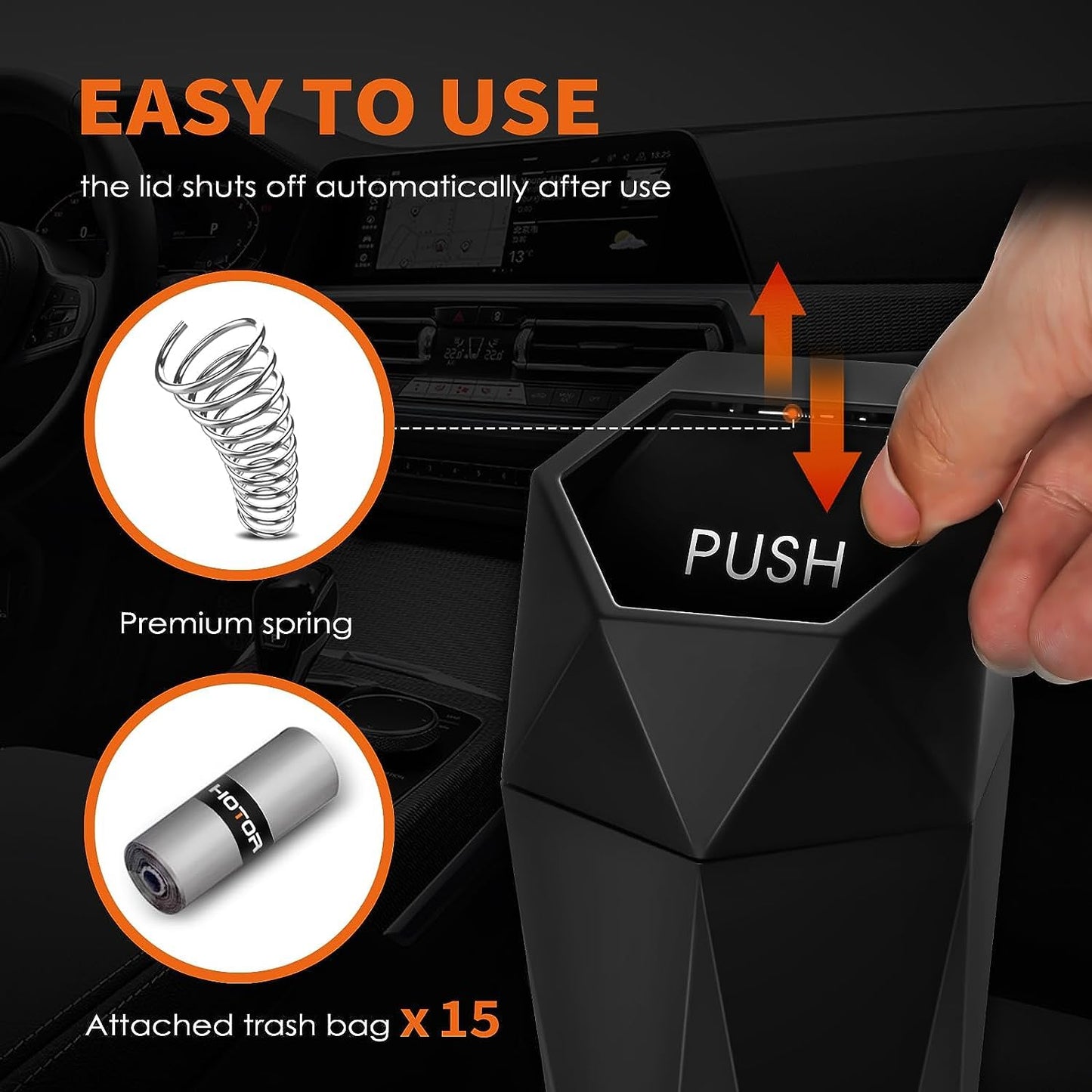 HOTOR Car Trash Can with Lid - 1 Pack, Car Accessories for Interior, Leakproof Vehicle Garbage Can with 15 Attached Trash Bags, Multipurpose Organizers and Storage for Home, Office, Black