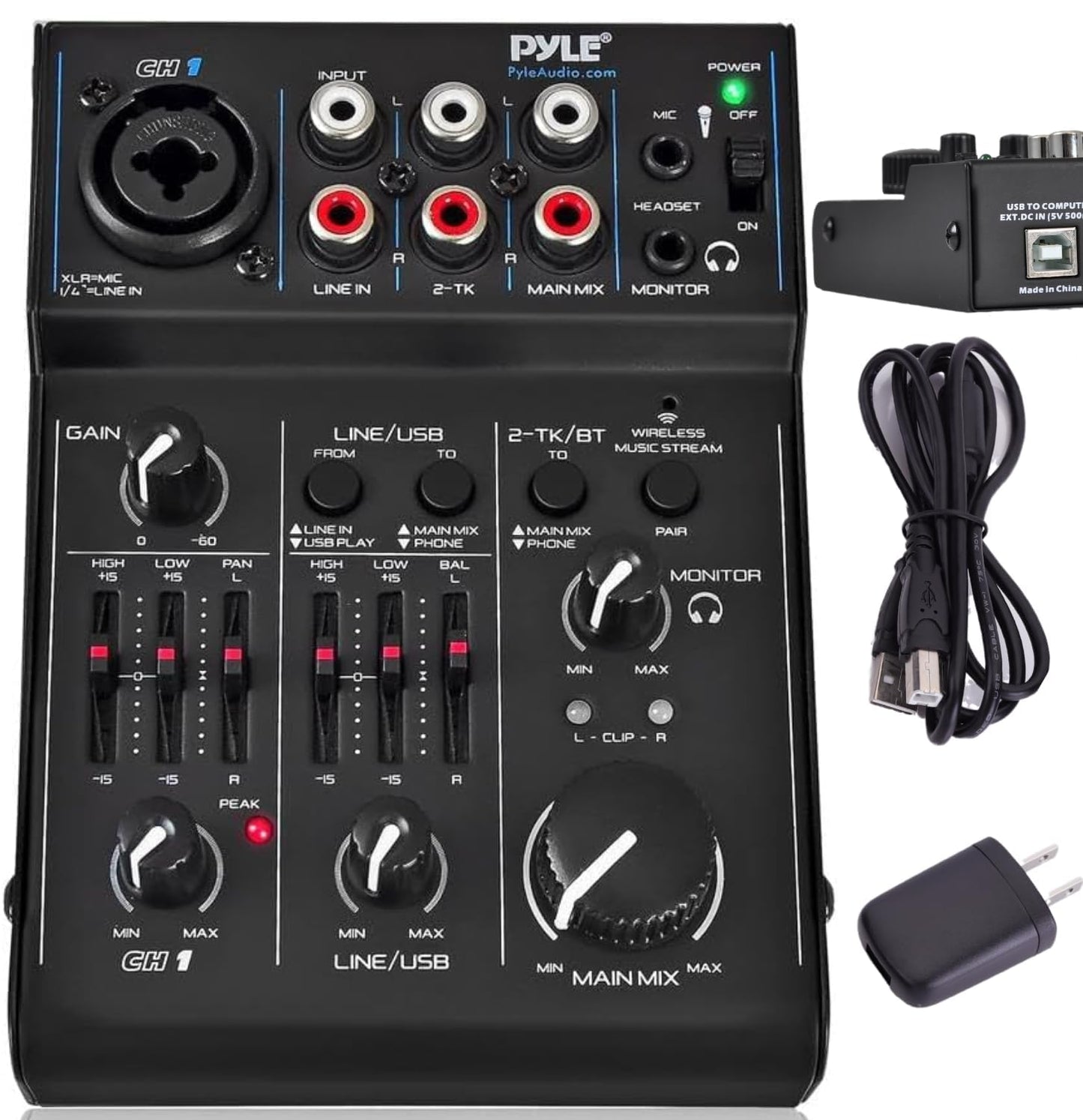 Pyle 3-Channel Bluetooth Audio Mixer - DJ Sound Controller w/ USB Soundcard for PC Recording - XLR - 3.5mm Mic Jack - 18V Phantom Power - RCA I/O - LED Indicators - Beginner & Studio Use - PAD30MXUBT