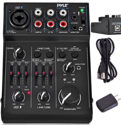 Pyle 3-Channel Bluetooth Audio Mixer - DJ Sound Controller w/ USB Soundcard for PC Recording - XLR - 3.5mm Mic Jack - 18V Phantom Power - RCA I/O - LED Indicators - Beginner & Studio Use - PAD30MXUBT