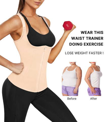 Nebility Women Waist Trainer Corset Zipper Vest Body Shaper Cincher Tank Top with Adjustable Straps (S, Beige)