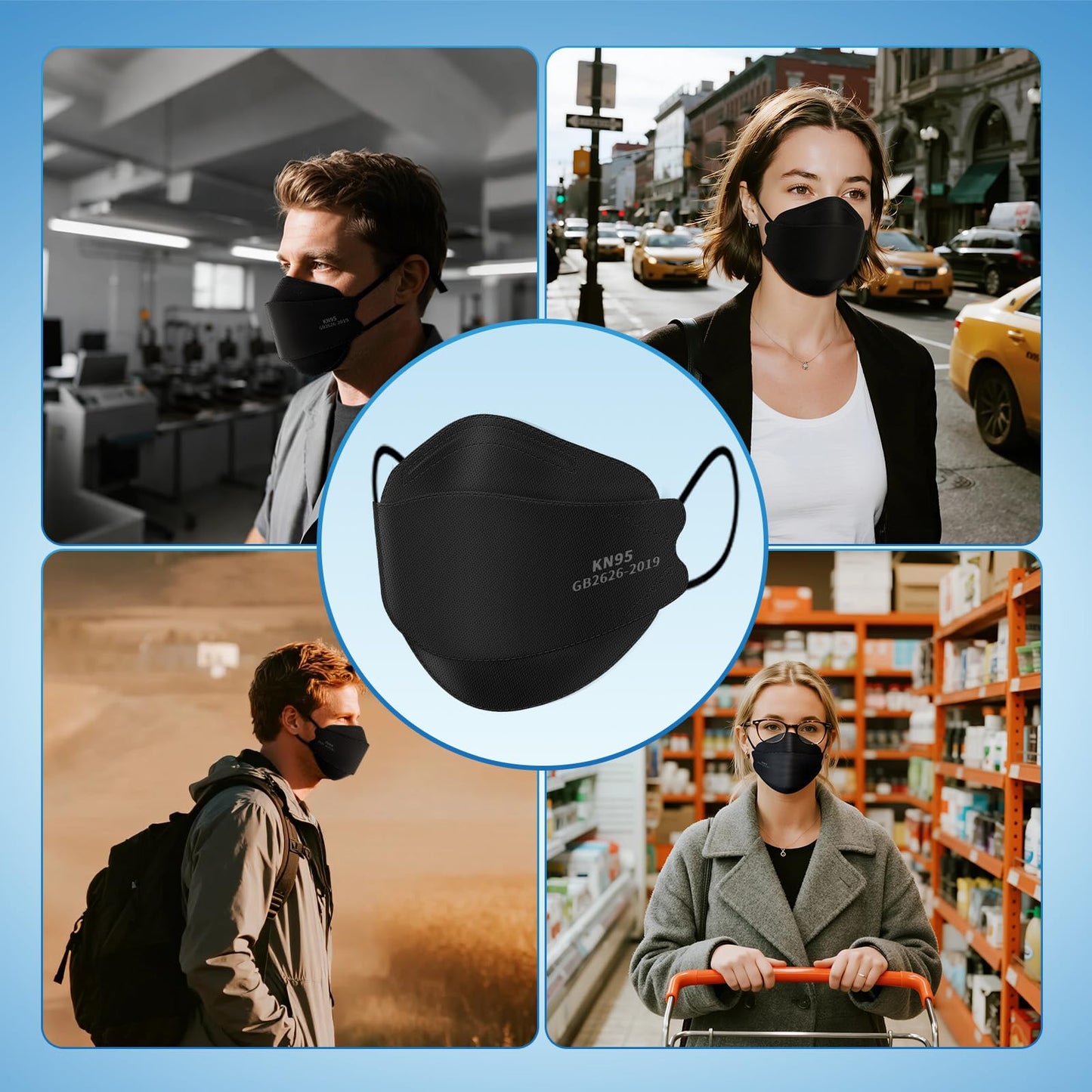 KN95 Face Masks for Adults 50 Pack, Individually Wrapped, 5-Ply Black Disposable Face Mask Against PM 2.5 Smoke & Dust, Filtration Efficiency 95%