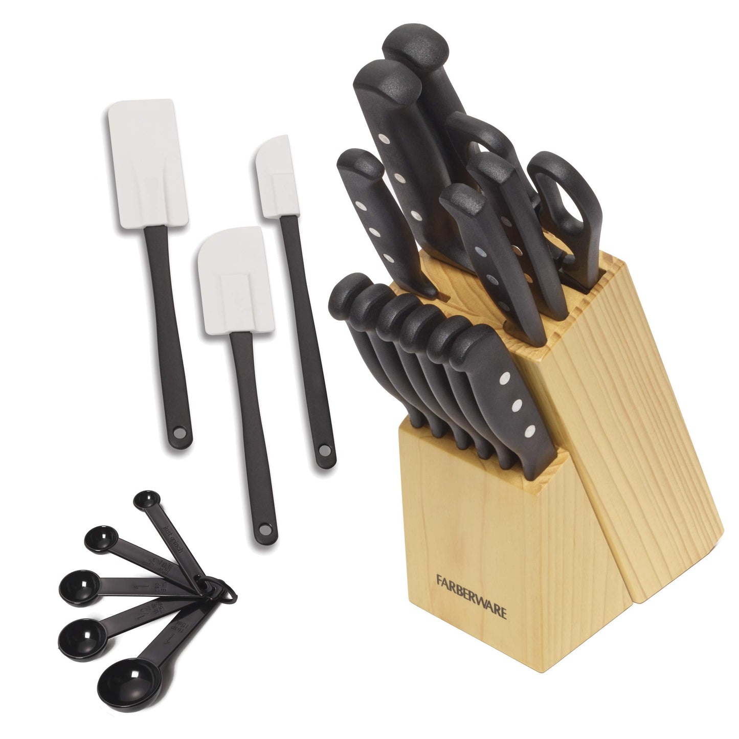 Farberware 22-Piece Never Needs Sharpening Triple Rivet High-Carbon Stainless Steel Knife Block and Kitchen Tool Set, Black, Durable ANDPrecision Cutlery