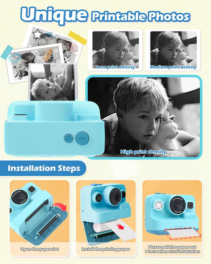 Anchioo Kids Camera Instant Print, 1080P Kids Digital Camera with Printer Paper, Christmas Birthday Gift for Girls Boys Age 3-12, Kids Print Camera Toy for 4 5 6 7 8 Year Old Boy, 32G SD Card - Blue