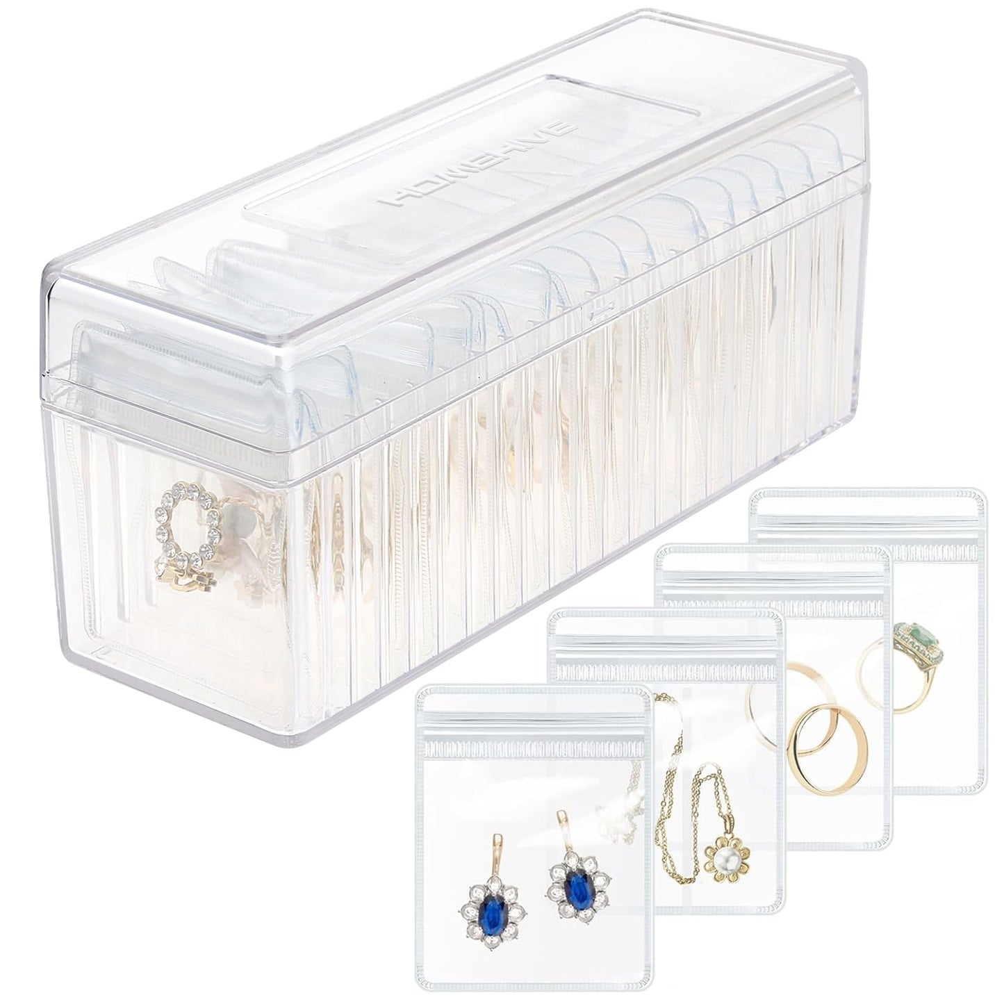 HOMEHIVE Acrylic Jewelry Box Organizer, Clear Jewelry Organizer and Storage with 20 Portable Anti Tarnish Jewelry bags, Travel Jewelry Case for Earrings/Rings/Necklaces Gifts for Women Girls, Clear