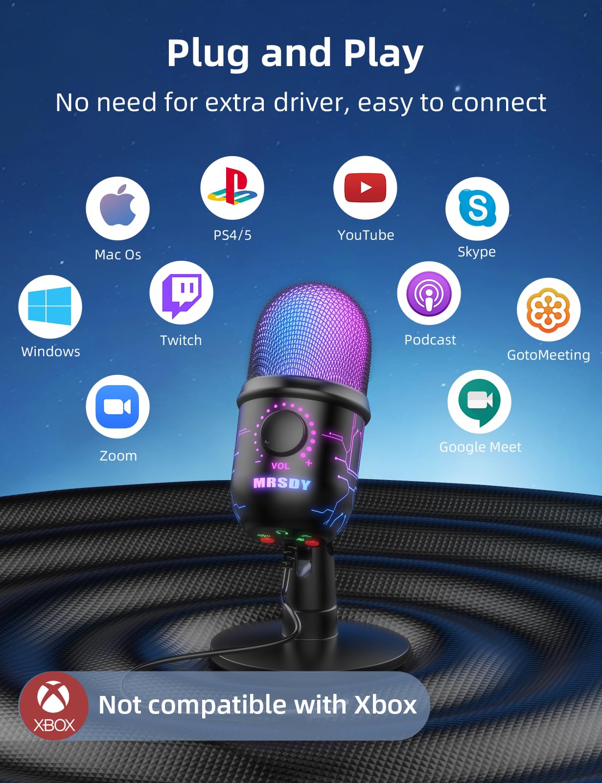 MRSDY Gaming Microphone, USB Computer Microphone for PC, Mac, PS4/5, Condenser Podcast Mic for Studio Recording, YouTube, Streaming, with Headphone Jack, Led Light, Mute, Gain, Noise Cancellation