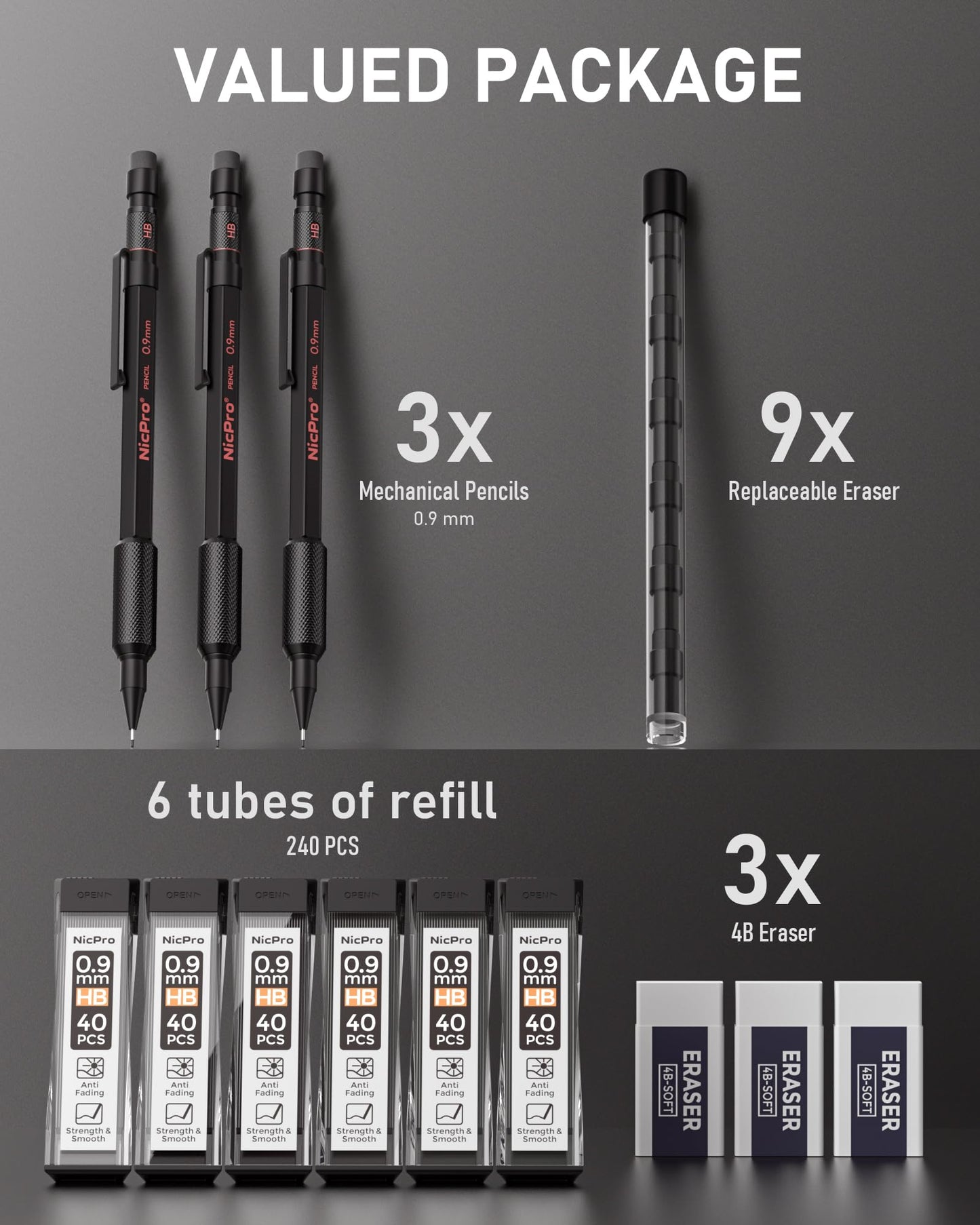 Nicpro 0.9 Metal Mechanical Pencil Set with Case, 3PCS Hevey Duty MP2000 Lead Pencil With 6 Tube HB Lead Refills 0.9mm, Erasers, Weatherproof Barrel for Outdoor Writing Drafting Drawing Sketching