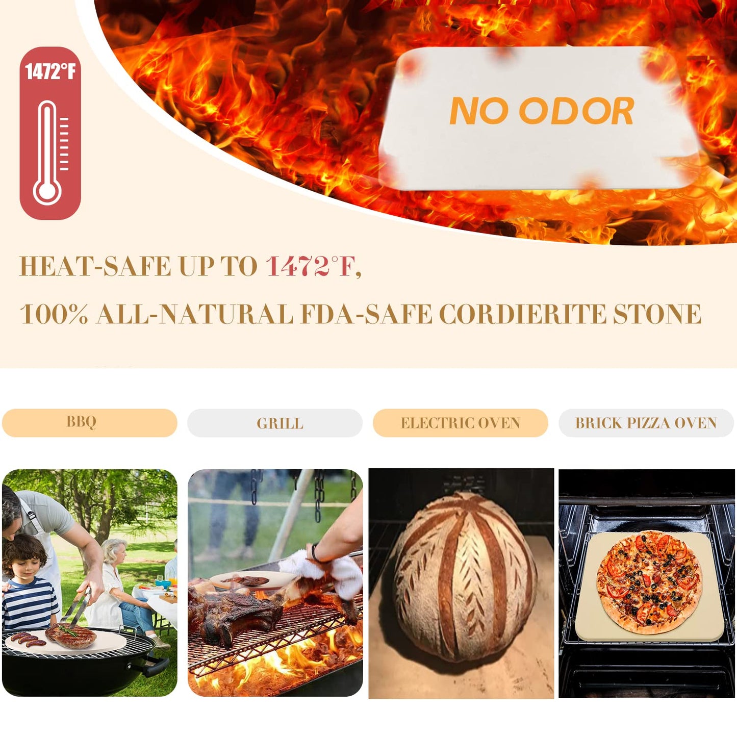 4 PCS Rectangle Pizza Stone Set, 15" Large Pizza Stone for Oven and Grill with Pizza Peel(OAK), Pizza Cutter & 10pcs Cooking Paper for Free, Baking Stone for Pizza, Bread,BBQ
