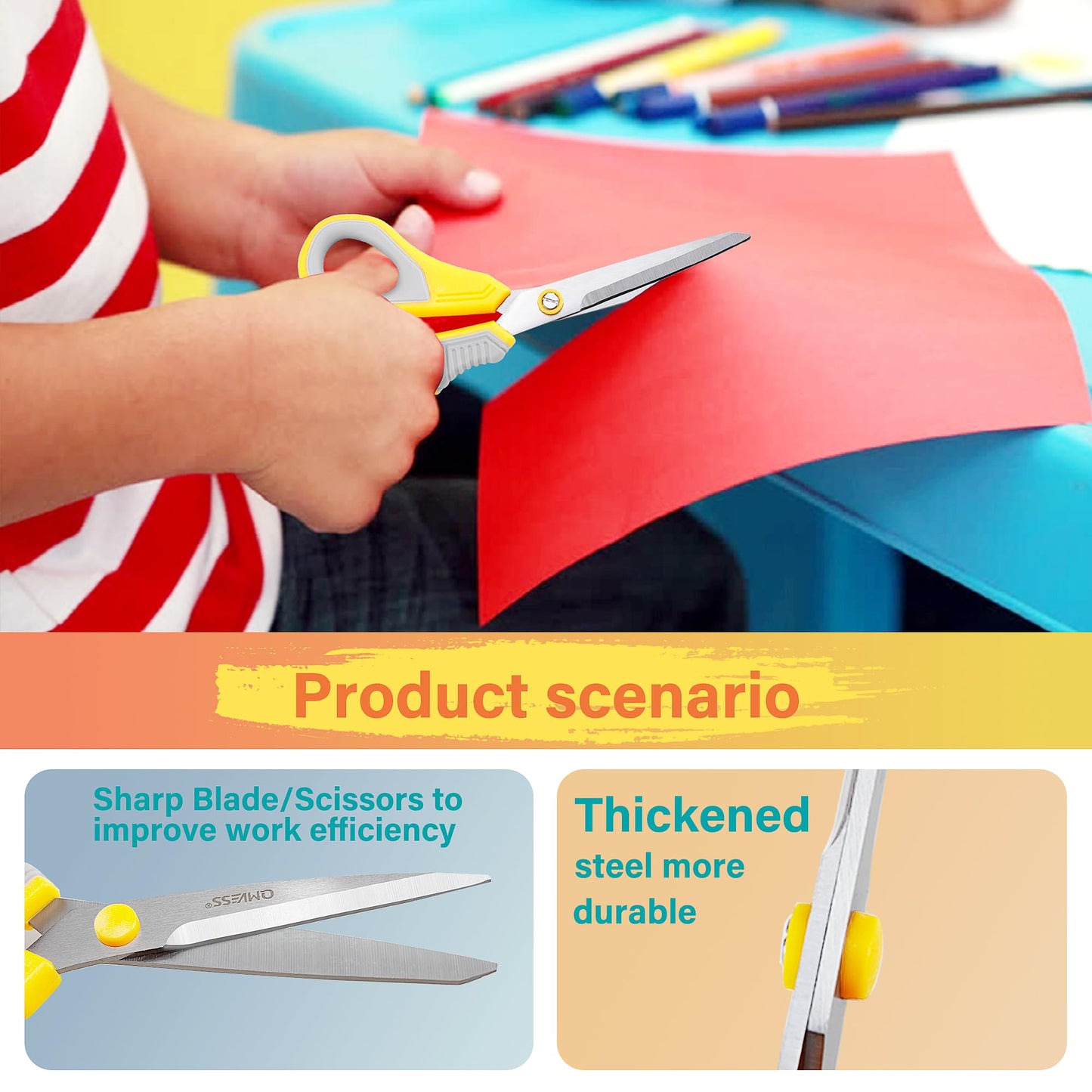 QMVESS 8.5" Scissors All Purpose 3 Pack, Ultra Sharp 2.5mm Thick Blade Scissors for Office, Professional Ergonomic Comfort Grip for Office School Home Fabric Sewing DIY Craft Cutting General Use