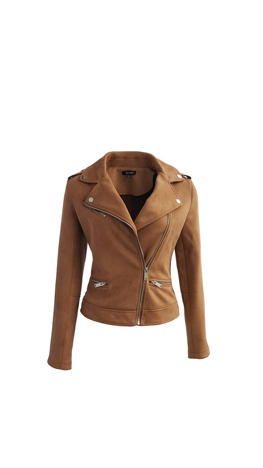 ODCOCD Faux Suede Jacket for Women Long Sleeve Zipper Up Casual Outwear (CA/US, Alpha, Small, Regular, Regular, Coffee)