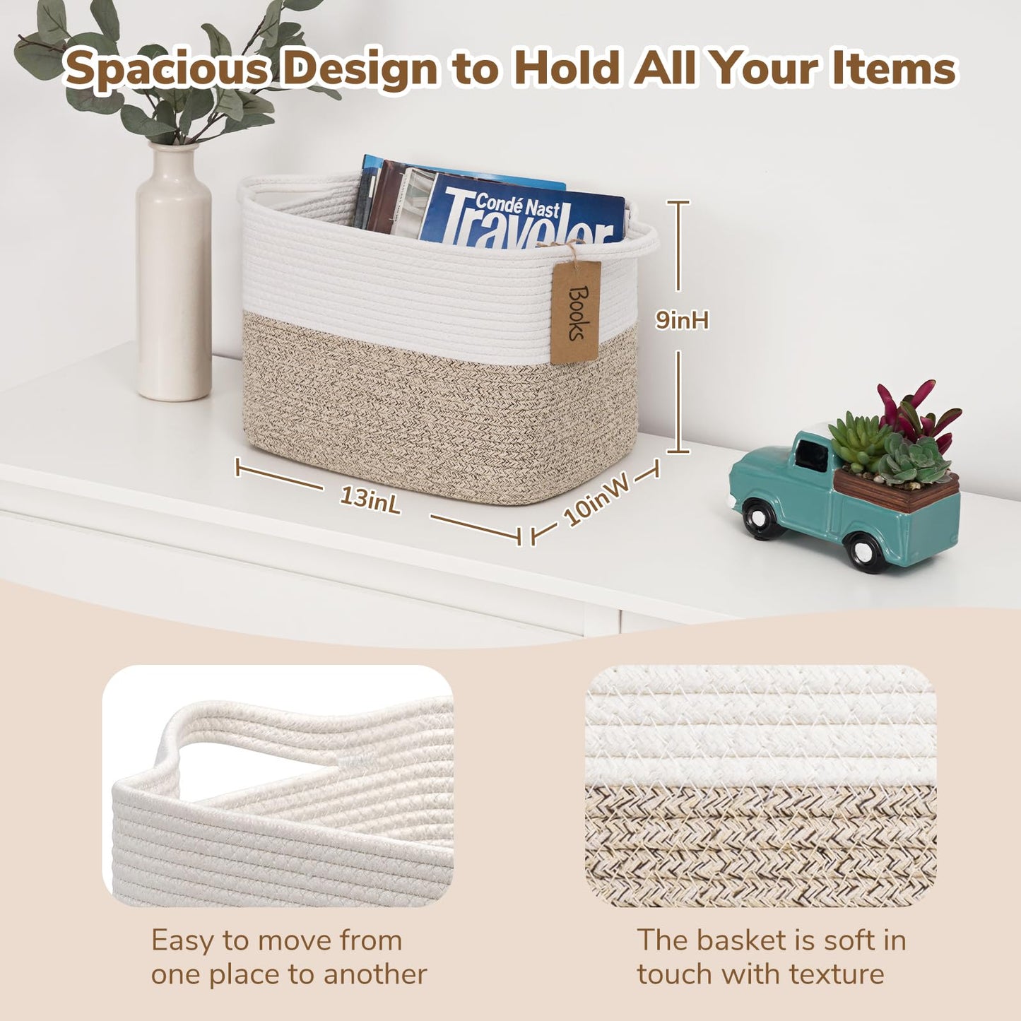 Goodpick Woven Storage Basket, Cotton Rope Basket for Dog Toys, Books, Stylish Gift Basket with Handles, 13 x 10 x 9 Inches Square Baskets for Organizing, Brown and White