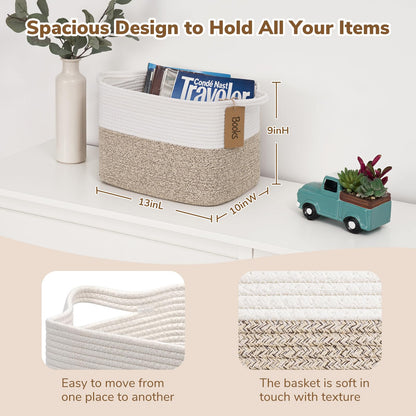 Goodpick Woven Storage Basket, Cotton Rope Basket for Dog Toys, Books, Stylish Gift Basket with Handles, 13 x 10 x 9 Inches Square Baskets for Organizing, Brown and White