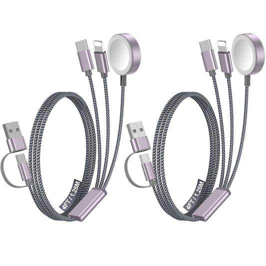 2Pack Multi Fast Charging Cable for Travel Vacation Essentials,Apple Watch Charger,iPhone Charger [3-in-2] USB A/Type C/Lightning Cable for iWatch,iPhone 16-11,Nintendo Switch,Airpods,Car,Camping-4FT