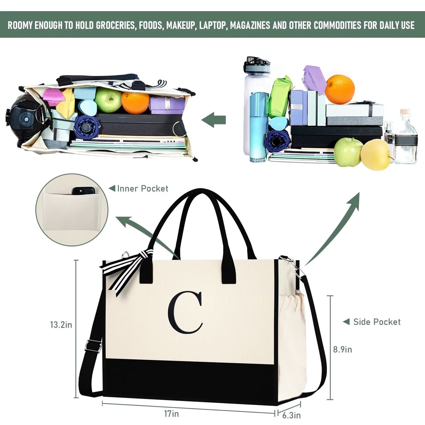 QLOVEA Canvas Beach Tote Bag Womens Birthday Gifts 16oz Personalized Initial Canvas Bag with Strap & Zipper & Pockets Monogrammed Embroidery Bridesmaid Gifts for Mom Sisters Friends Letter S